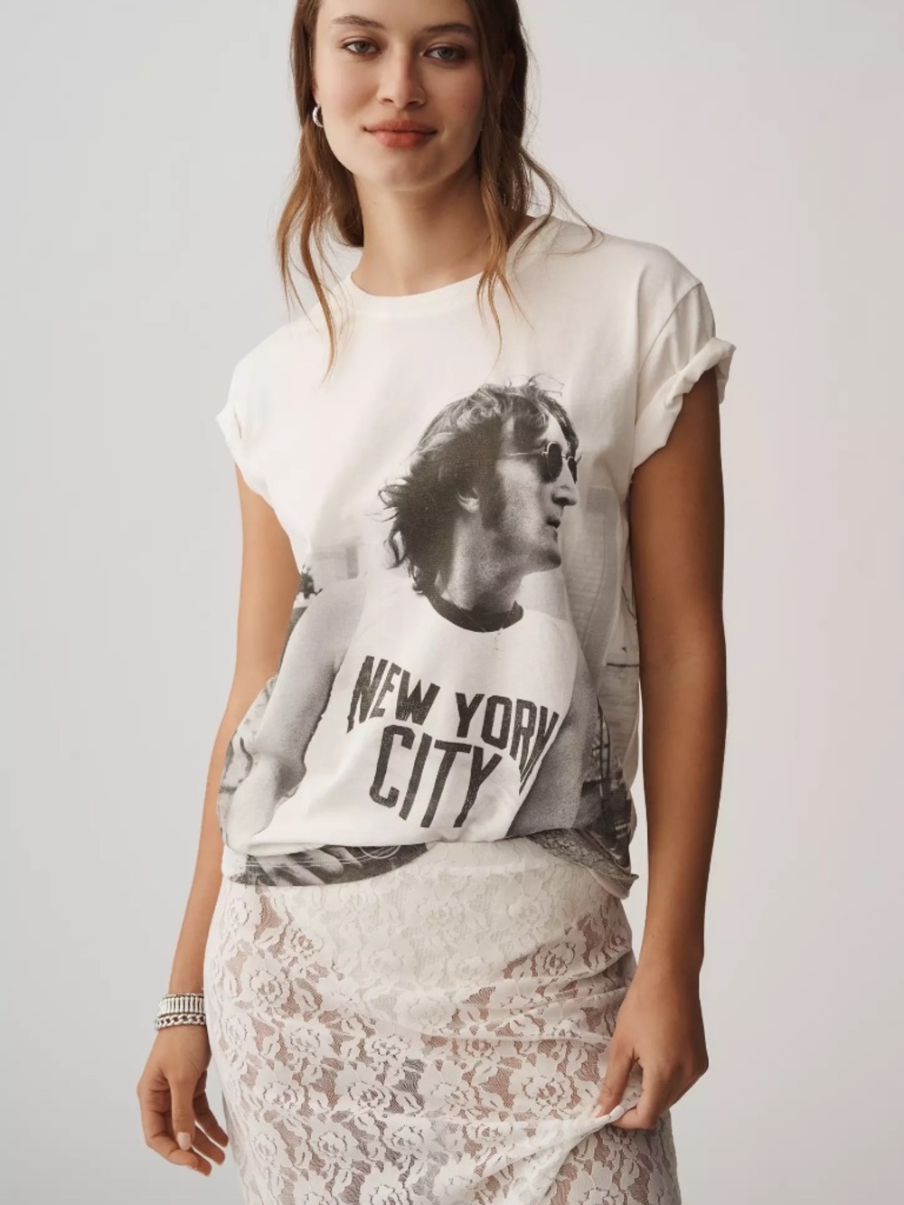 Anthropologie Letluv John Lennon Graphic T-Shirt Vintage White 100% cotton nwt M